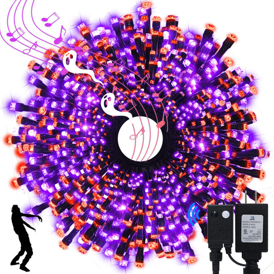 Connectable 400 LED Halloween String Lights, Motion Sensor Scary Sound 66Ft Orange and Purple Halloween Lights Outdoor Waterproof 4 Sound Effects for Yard Party Tree Decor