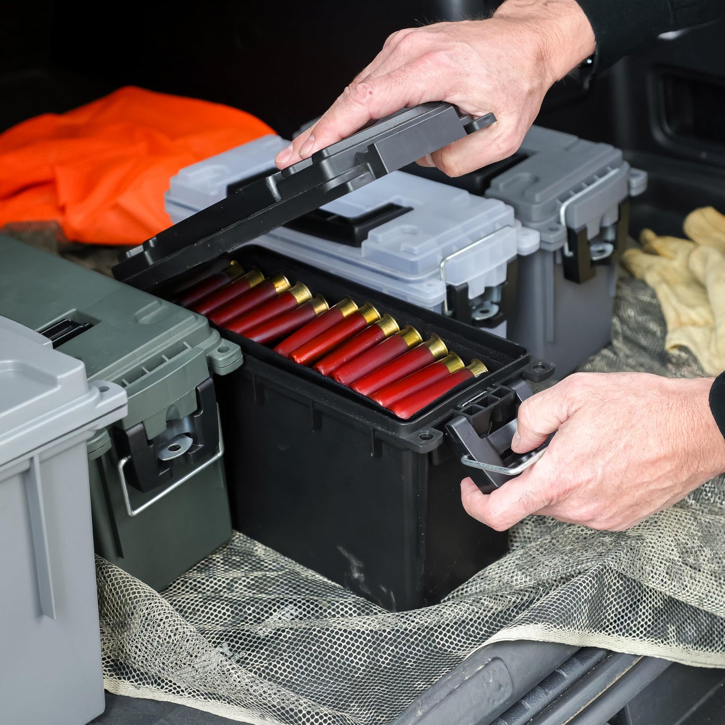 Sheffield 12772 4-Pack Ammo Storage Box, Stackable .30 Cal Field Boxes, Water and Dust Resistant, Lockable Storage Box with Handle, Secures Hunting Gear, Supplies, and Bullets, Made in USA, Black