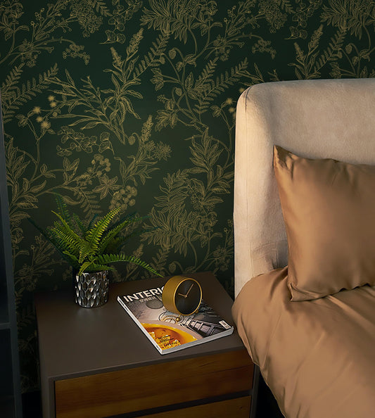 Micpolo Dark Green and Gold Wallpaper Floral Peel and Stick Wallpaper Vintage Flower and Leaf Contact Paper for Cabinets Self-Adhesive Removable Wallpaper for Bedroom Bathroom Kitchen 118"x17.3"