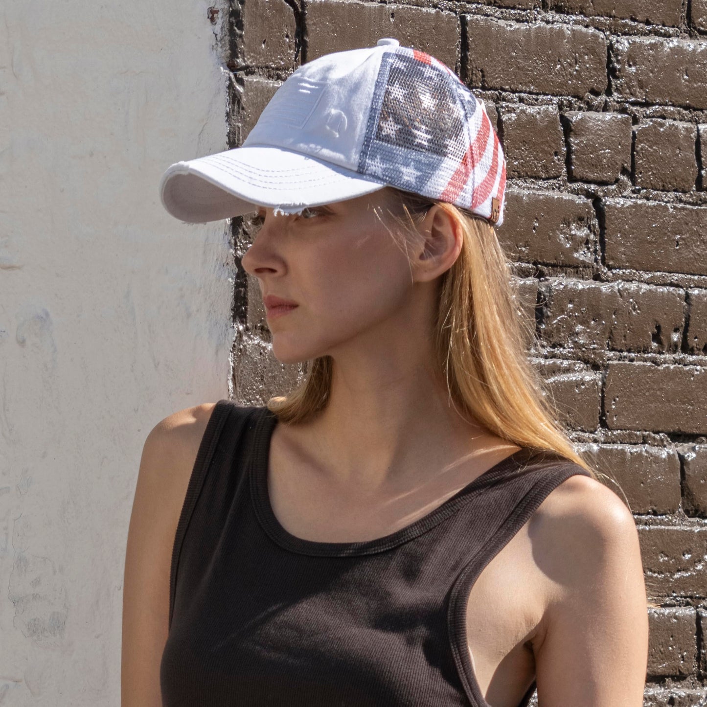 C.C Women's Criss-Cross Ponytail Baseball Cap – Embroidered Cotton Front, American Flag Mesh Back, Adjustable Velcro (US, Alpha, One Size, White)