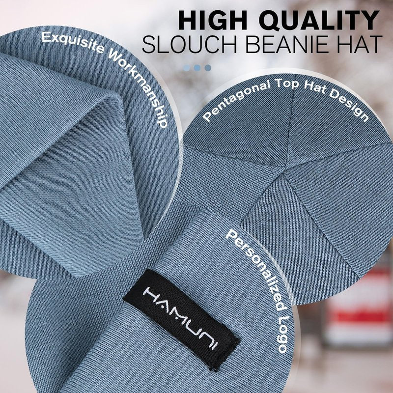 HAMUNI Slouchy Beanie for Women – Men Soft Breathable Cotton Beanie Hat, Double-Layered Lightweight Windproof Skull Cap, Classic Casual Beanie for Daily Wear & Transitional Seasons (Denim Blue)