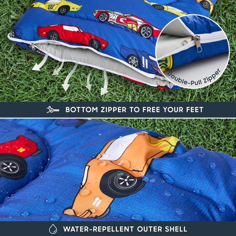 Wake In Cloud - Kids Sleeping Bag for Boys Toddlers, Camping in Warm Cold Weather, Backpacking Lightweight Compact Outdoor Liner for 3 Seasons, Race Cars Vehicles, Blue