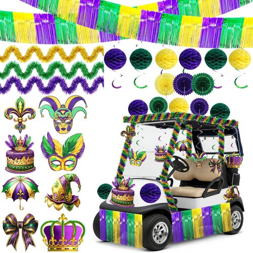 Norme 41 Pcs Mardi Gras Parade Golf Cart Decoration, Float Mask Cutout Foil Fringe Curtains Garland Paper Pompoms Hanging Fan Swirls Purple Green Gold Decor for New Orleans Mardi Gras Party Decoration