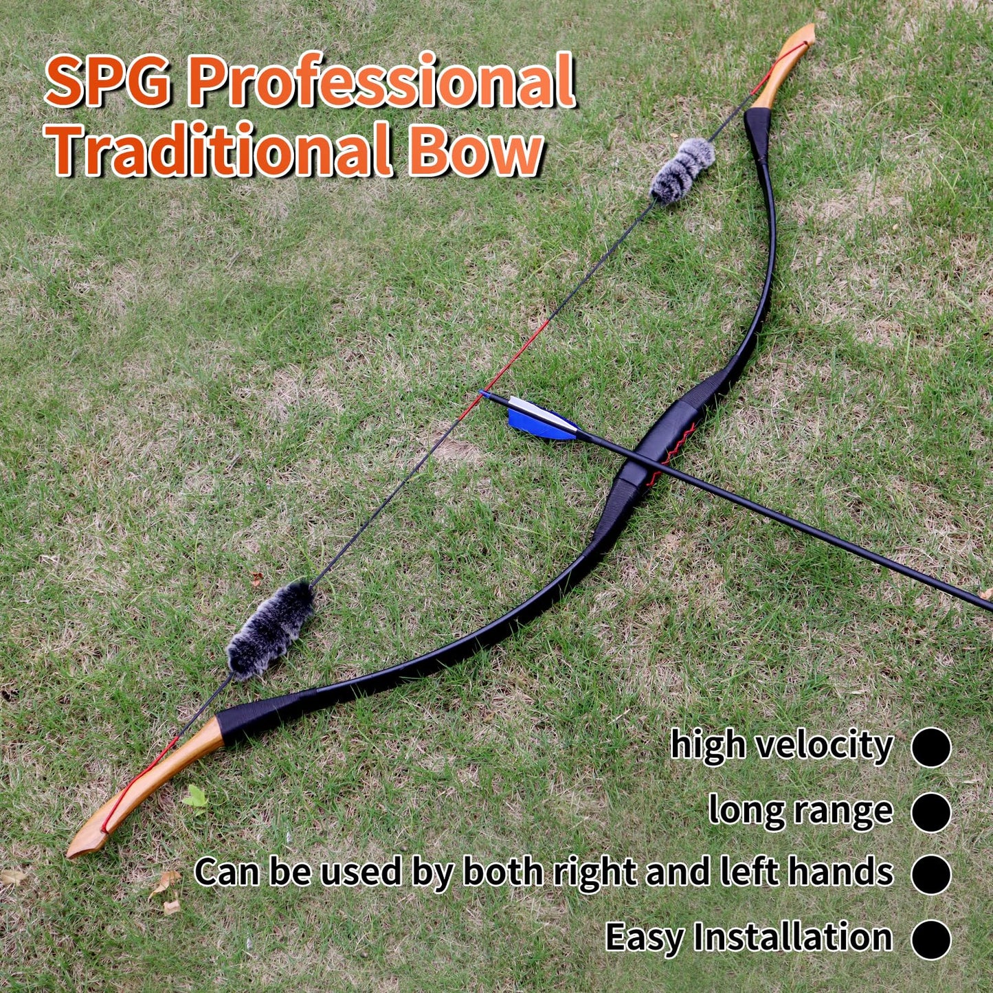 SPG 50lbs One Piece Traditional Bow - 50" Handmade Wooden Bow Fast Precision Shooting Traditional Recurve Bow and Arrow Set for Adult & Archers Right Left Hand Archery Horse Long Bow