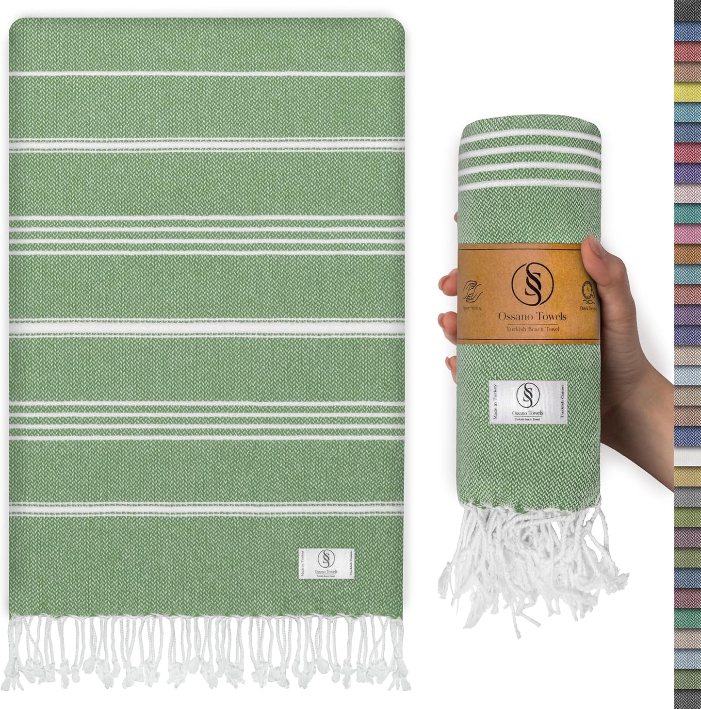 Ossano Turkish Beach Towel - Absorbent & Quick-Dry Oversized (39" x 71") | Versatile Yoga Mat, Picnic & Travel Blanket - Green