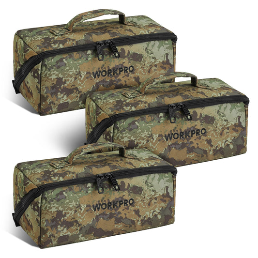 WORKPRO Tool Bag with Zipper, 10" Utility Wide Mouth Heavy Duty Tool Storage Bag, Multipurpose Zipper Tool Pouch Tote Bag for Organizer 3-pack, Camo