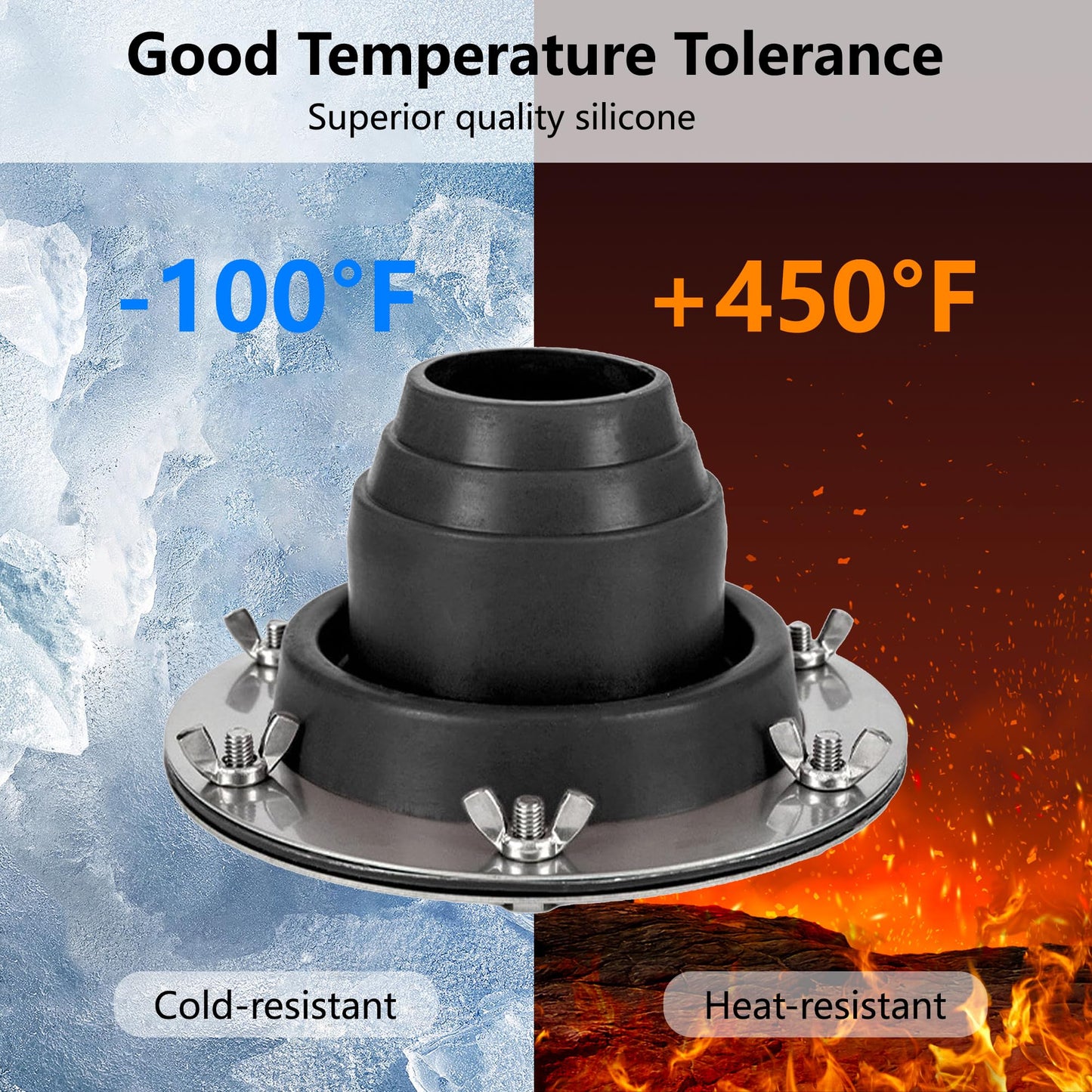 Tent Stove Jack Kit: Flexible Silicone Pipe Boot, Chimney Anti-scald Ring, High Temp Flue Flashing for Bell Tent, Yurt, & Wood Burners (Triple Wall Pipe Compatible, Stove OD 1 3/4"-3 1/4")