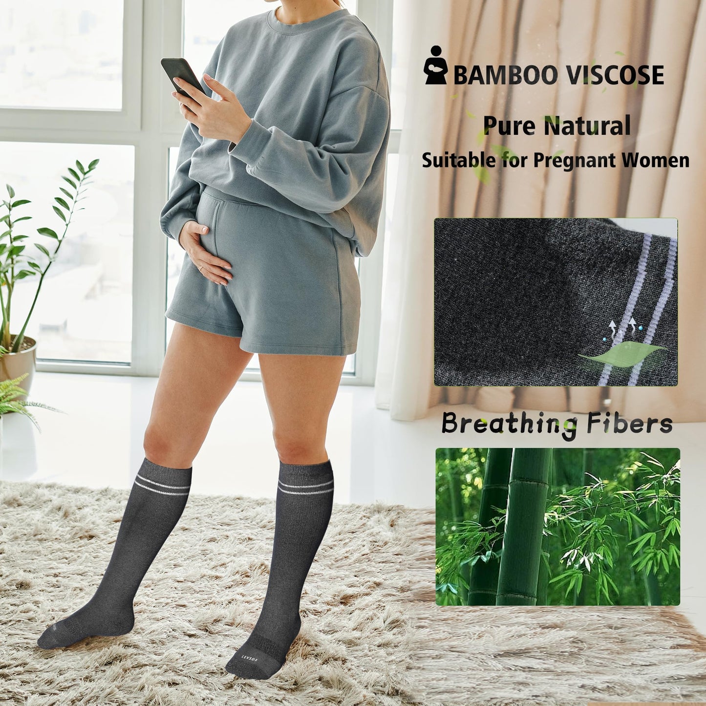 LEVSOX Viscose Made from Bamboo Compression Socks for Women&Men 20-30 mmHg Knee High Fun Cute Graduated Support Socks for Nurses, Pregnant Women, Travel and Flight, Medical, Grey