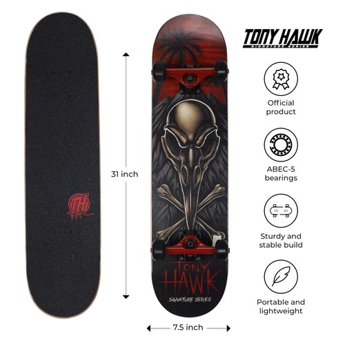 Tony Hawk 31 inch Skateboard, Tony Hawk Signature Series 4, 9-ply Maple Deck Skateboard for Cruising, Carving, Tricks and Downhill, Crossbones