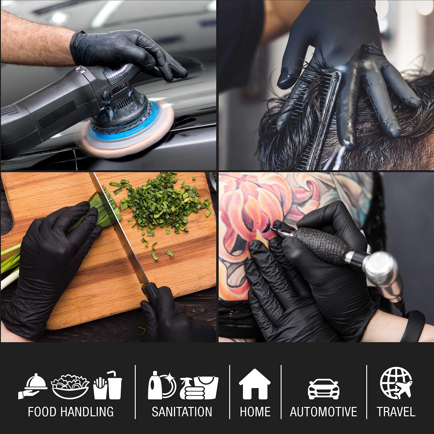 Salon World Safety Black Nitrile Disposable Gloves, 10 Boxes of 100, Size Large, 5.0 Mil - Latex Free, Textured, Food Safe