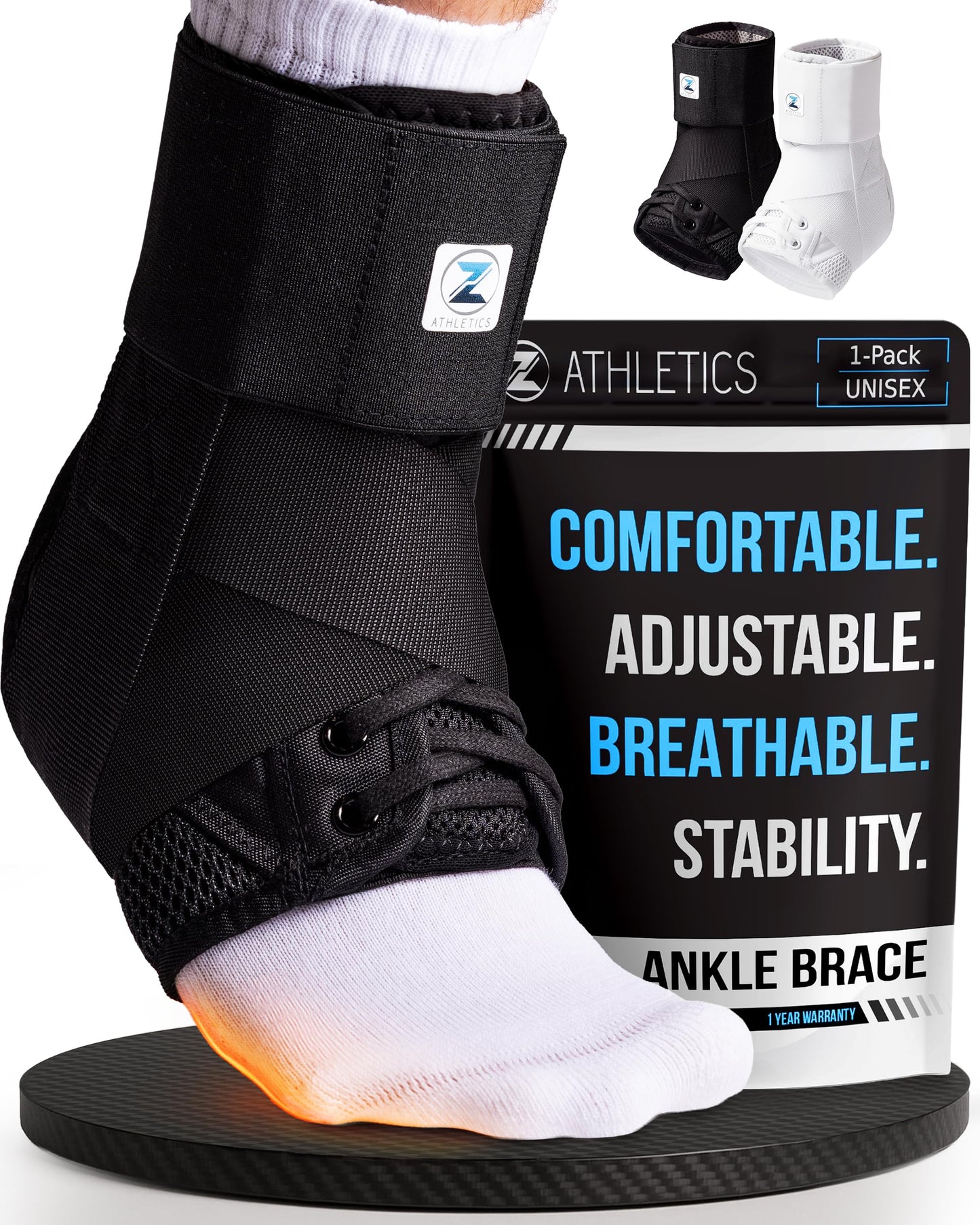Z ATHLETICS Ankle Brace for Women & Men - Lace Up Adjustable Support with Side Stabilizers for Sprained Ankle, Achilles Tendonitis Relief | Basketball, Volleyball, Running & Sports Recovery - Black, Medium