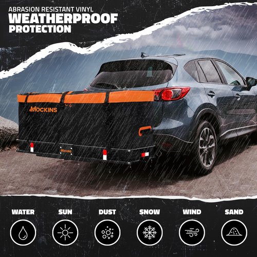Mockins 16 Cu.Ft. Trailer Hitch Cargo Carrier Bag | 58"x20"x24" Abrasion-Resistant Vinyl Cargo Bag for Hitch Carrier | Waterproof Truck Bed Storage Set w/Buckle Straps, Combination Lock & Carry Case
