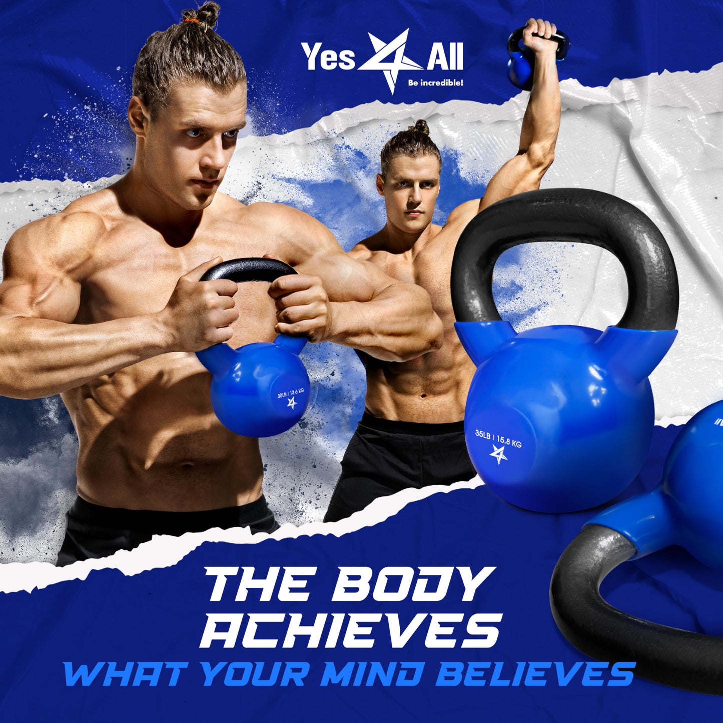 Yes4All Kettlebell, 40 lb Vinyl Coated Cast Iron Kettlebell Set of 2 for Home Gym Exercises, Heavy Weights Gym, Fitness, Full Body Workout Equipment, Push up, Grip, Strength Training - Blue