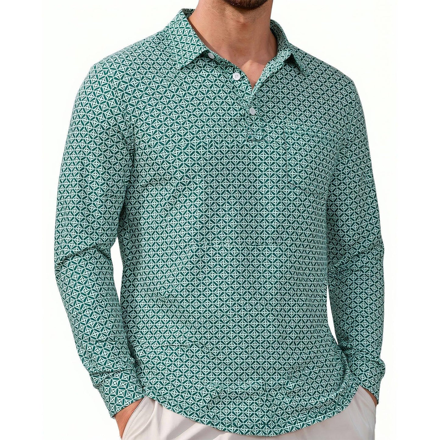 Lexiart Mens Golf Shirt Long Sleeve Slim Fit Quick-Dry Moisture Wicking Performance Print Patterns Polo with Pocket