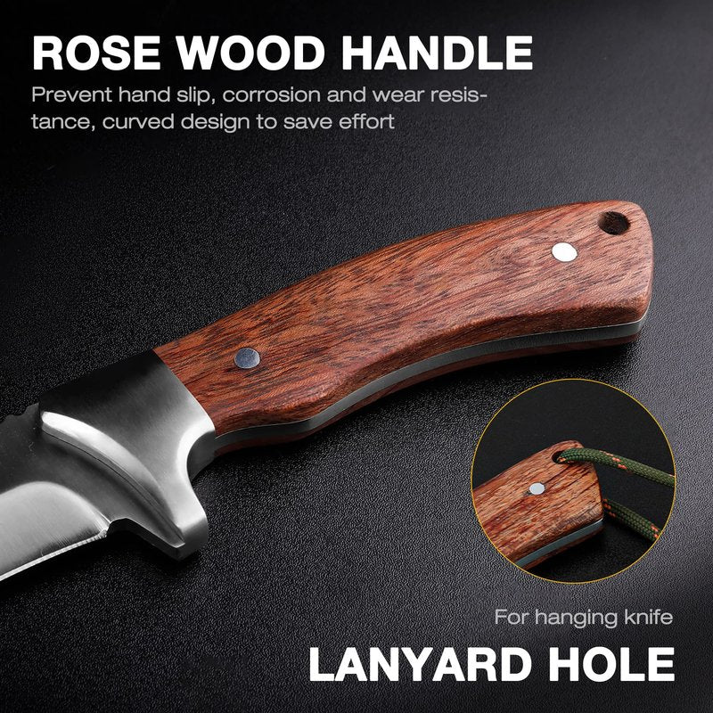 Flissa Fixed Blade Knife with Sheath, 9.8'' Full Tang Hunting Knife with High Carbon Steel Blade, Non-Slip Rose Wooden Handle, Lanyard Hole, Camping Knives for Hiking, Outdoor, Hunting, Survival, Camping