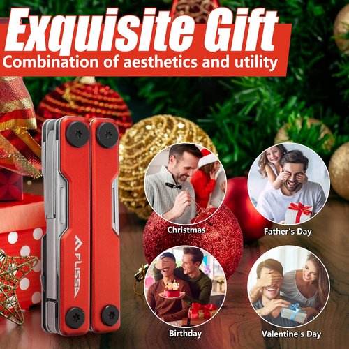 FLISSA Multitool Scissors, 11-in-1 Multi Tool Pocket Knife, Stainless Steel Mini Multitool with Bottle Opener, Screwdriver, Aluminum Handles, Spring - EDC for Outdoor, Camping, Hiking, Fishing, Red