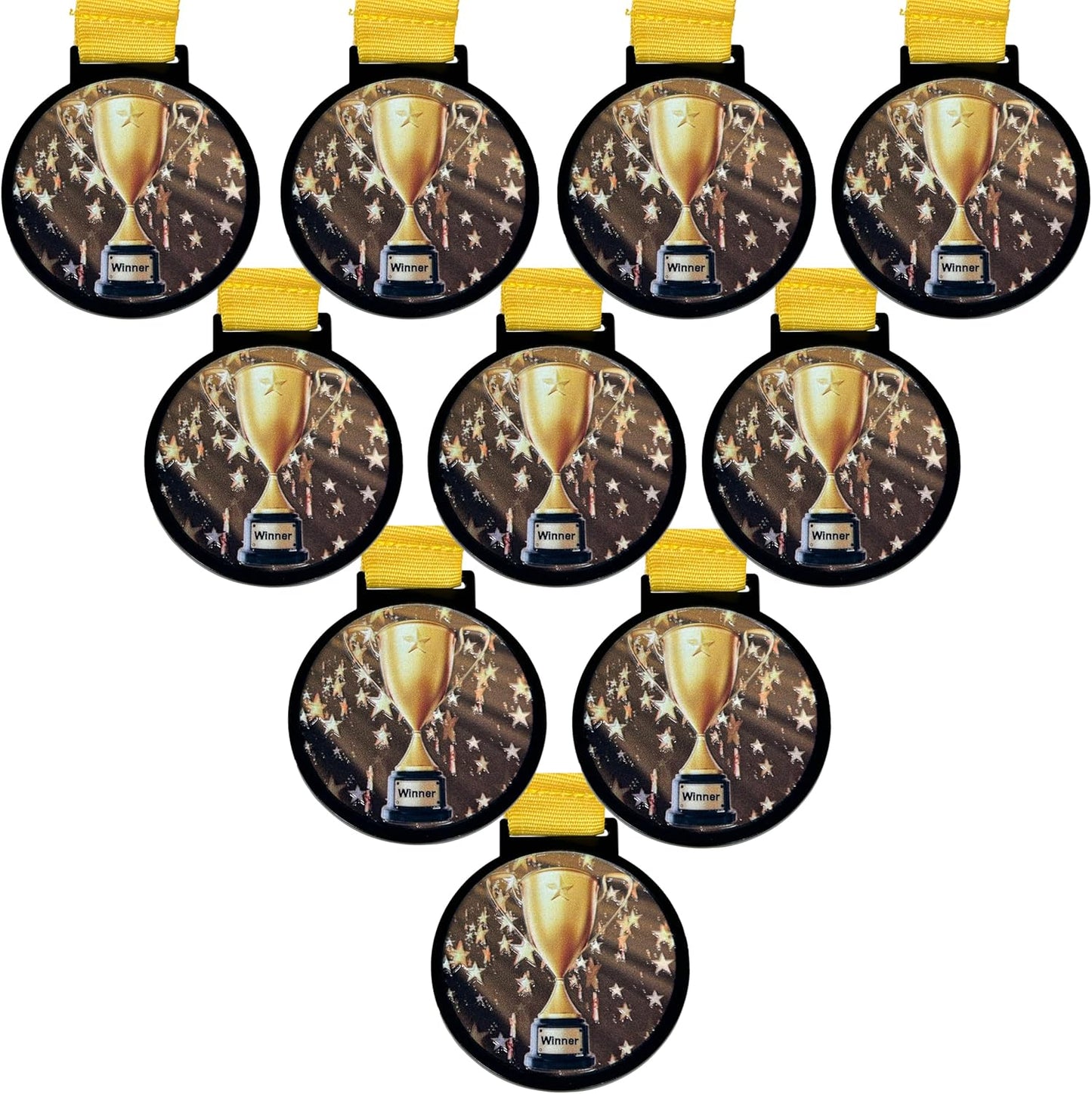 Regine Switzerland 10-Pack Champion Trophy Cups - 2.25 Inch Gold Medals with Neck Ribbons | Perfect for Awards & Events