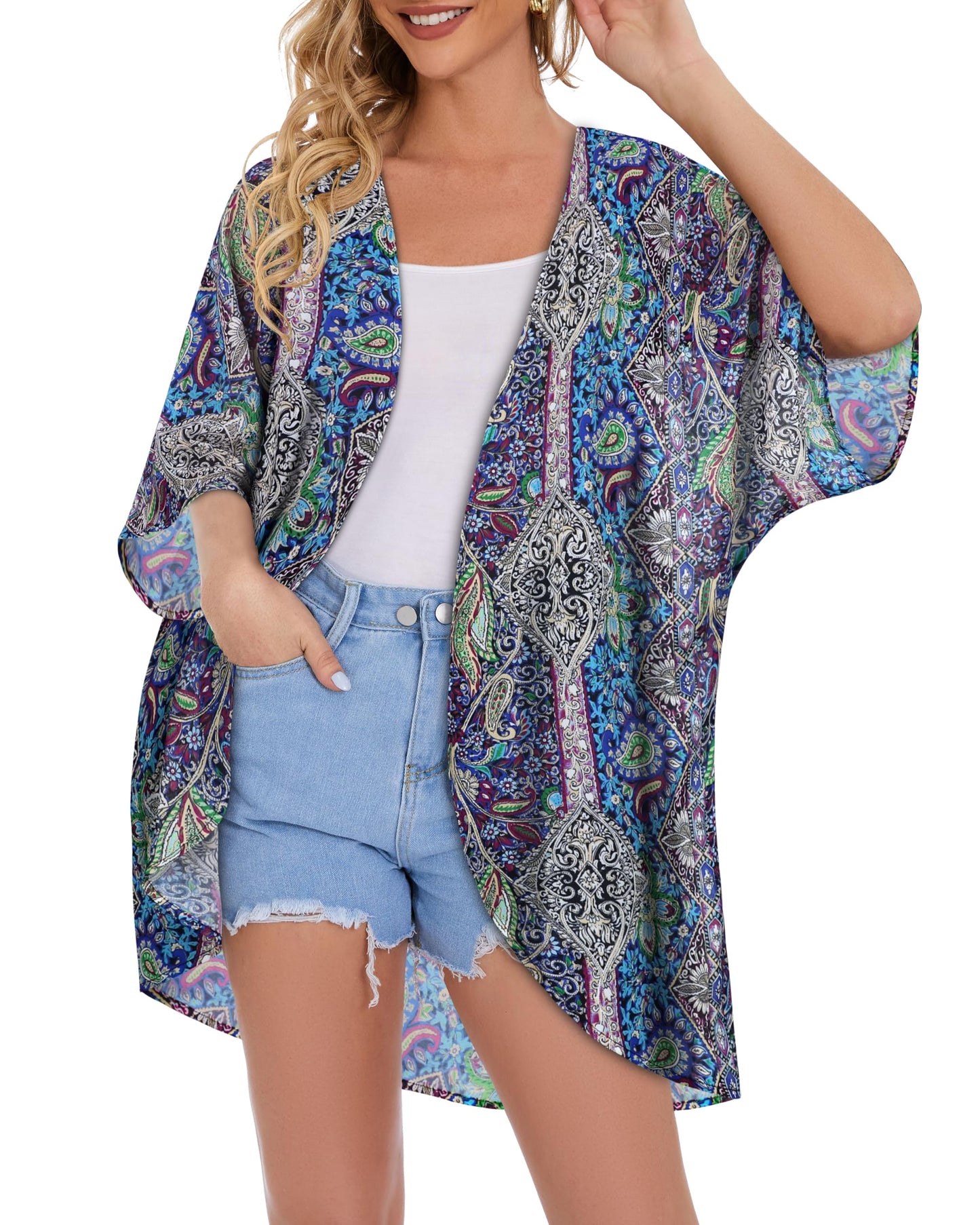 Women's Floral Kimono Print Puff Sleeve Loose Cardigan Cover Up Casual Blouse Tops (Blue Purple Bohemia Print, 2XL)