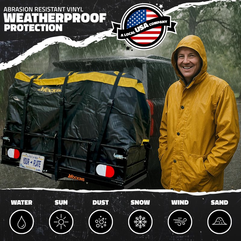 Mockins 30 Cu Ft Trailer Hitch Cargo Carrier Bag | 60"x24"x36" Weatherproof Cargo Bag for Hitch Carrier | Waterproof Truck Bed Storage Set | Vinyl Vehicle Soft-Shell Carriers for Road Trips & Camping