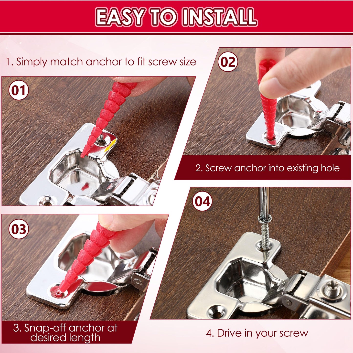 Gulfmew 15 Pcs Wood Anchor, Stripped Screw Hole Repair Kit for Wood, Door Hinge Screw Hole Repair Fits Screws Sizes #2 to #16, Red