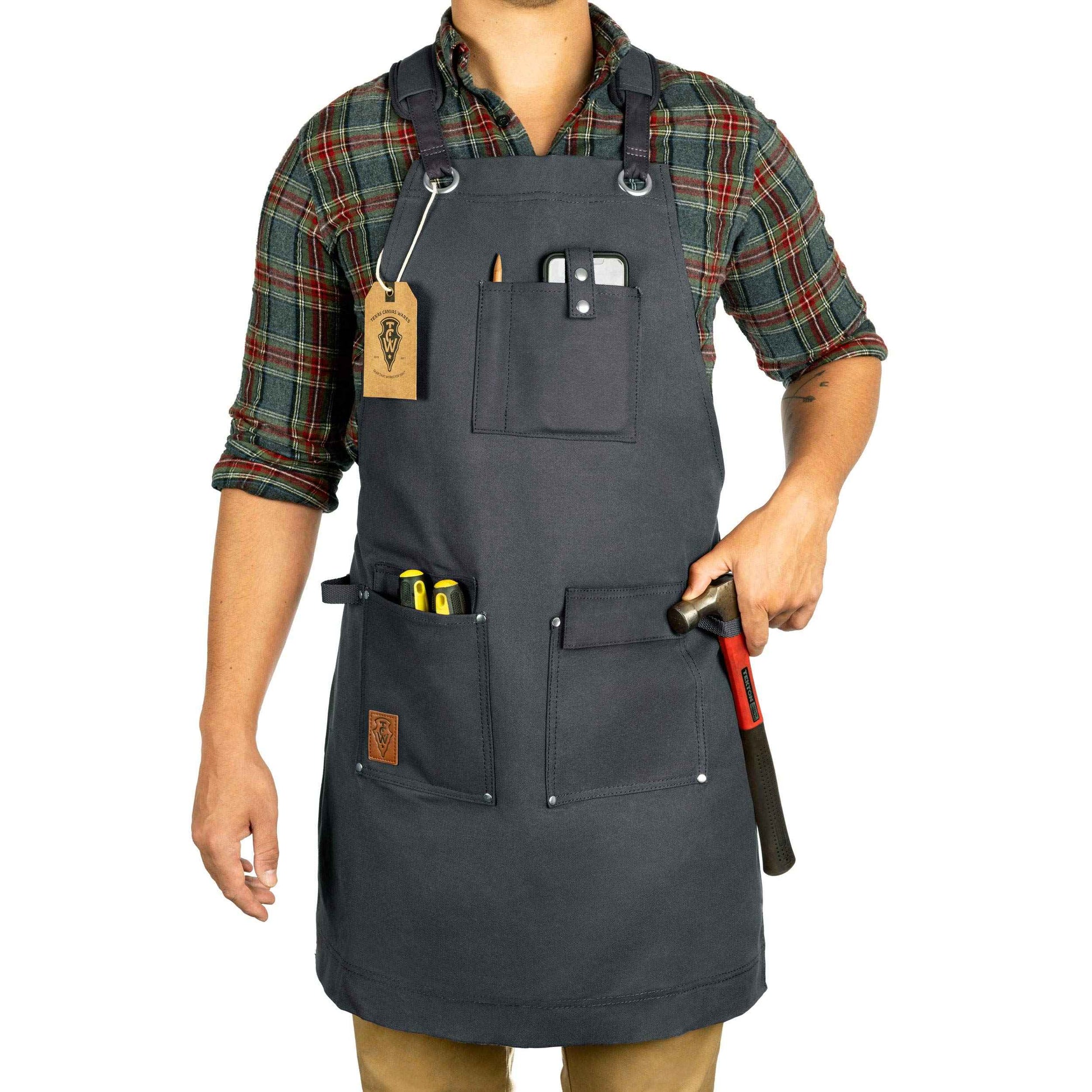 Texas Canvas Wares Waxed Canvas Heavy Duty Work Apron With Pockets - Deluxe Edition - with Quick Release Buckle Adjustable up to XXL for Men and Women (Grey Deluxe Edition)