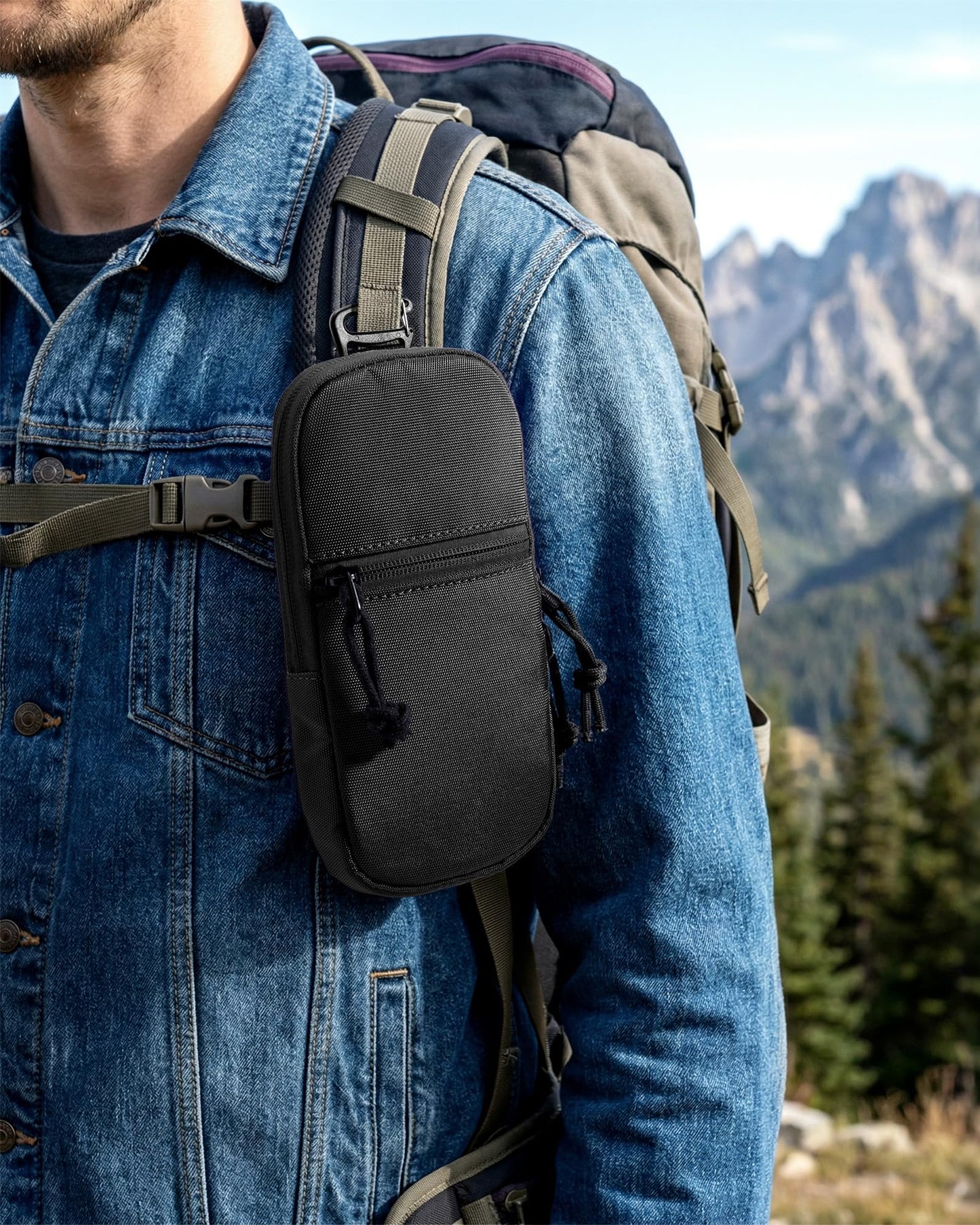 Neverwhy Molle Cell Phone Pouch for Backpack - Waterproof Tactical Belt Phone Strap EDC Tech Pouch Holder for iPhone 17 Pro Max Hikers Outdoor, Black
