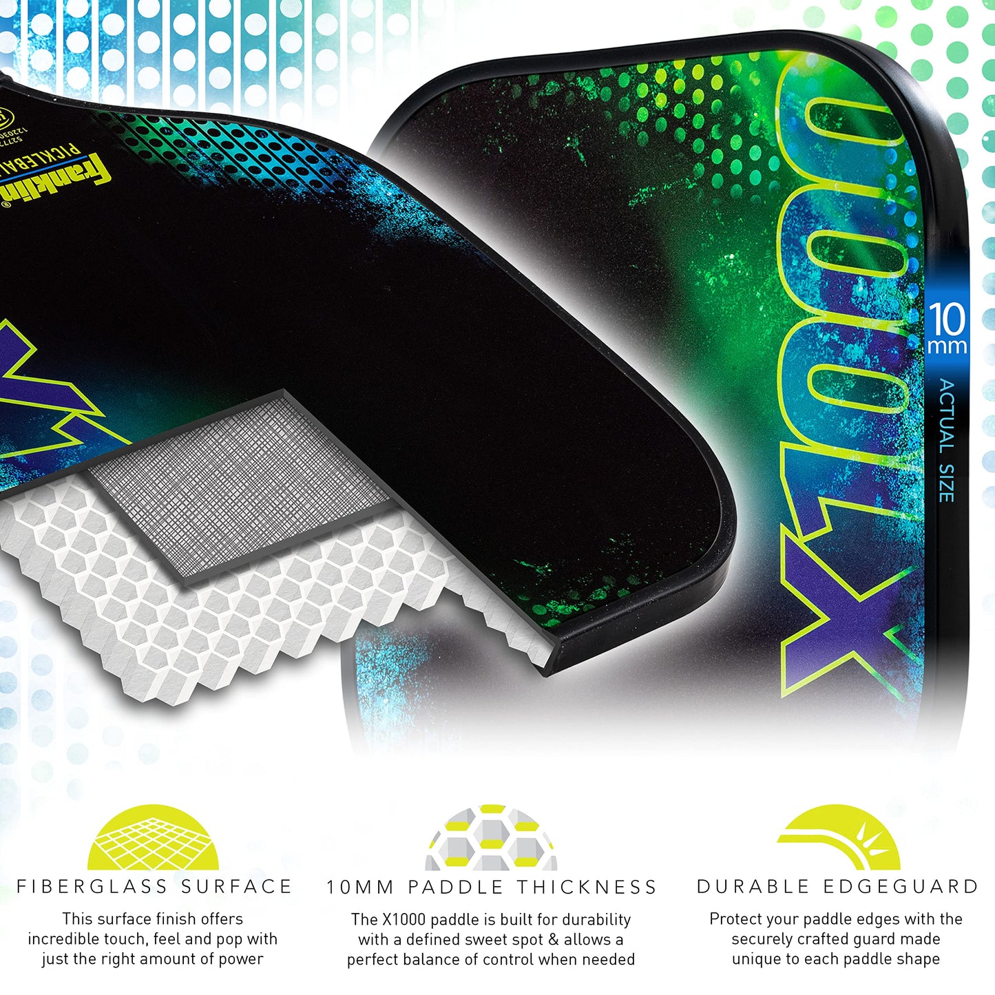 Franklin Sports Pickleball Paddle - X-1000 Polypropylene Core Racket - Official USA Pickleball (USAPA) Approved Paddle - Lightweight Pro Racket - Green - 8mm Thick Core