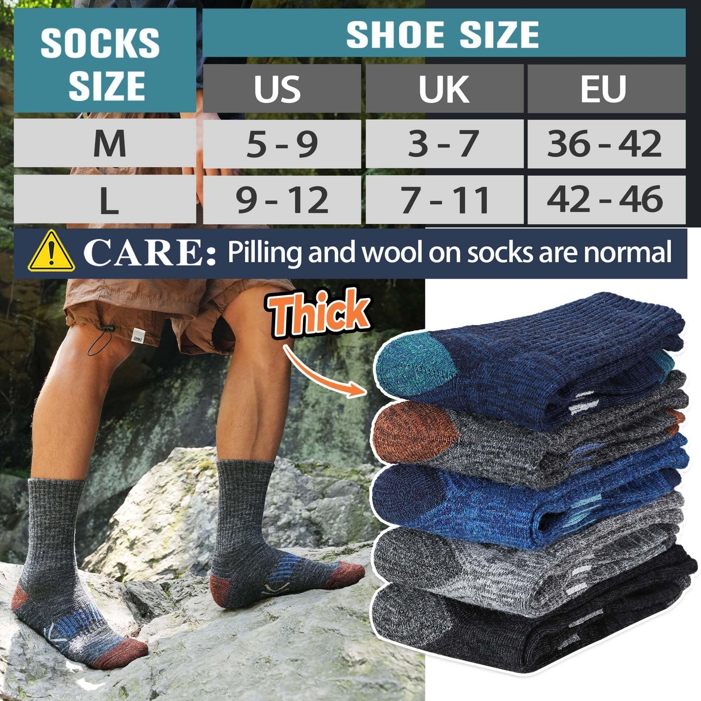 SAVALOS Merino Wool Hiking Socks for Men Thermal Warm Winter Cozy Work Crew Gifts Socks Stocking Stuffers 5 Pairs(Arrow-Mixed,M)