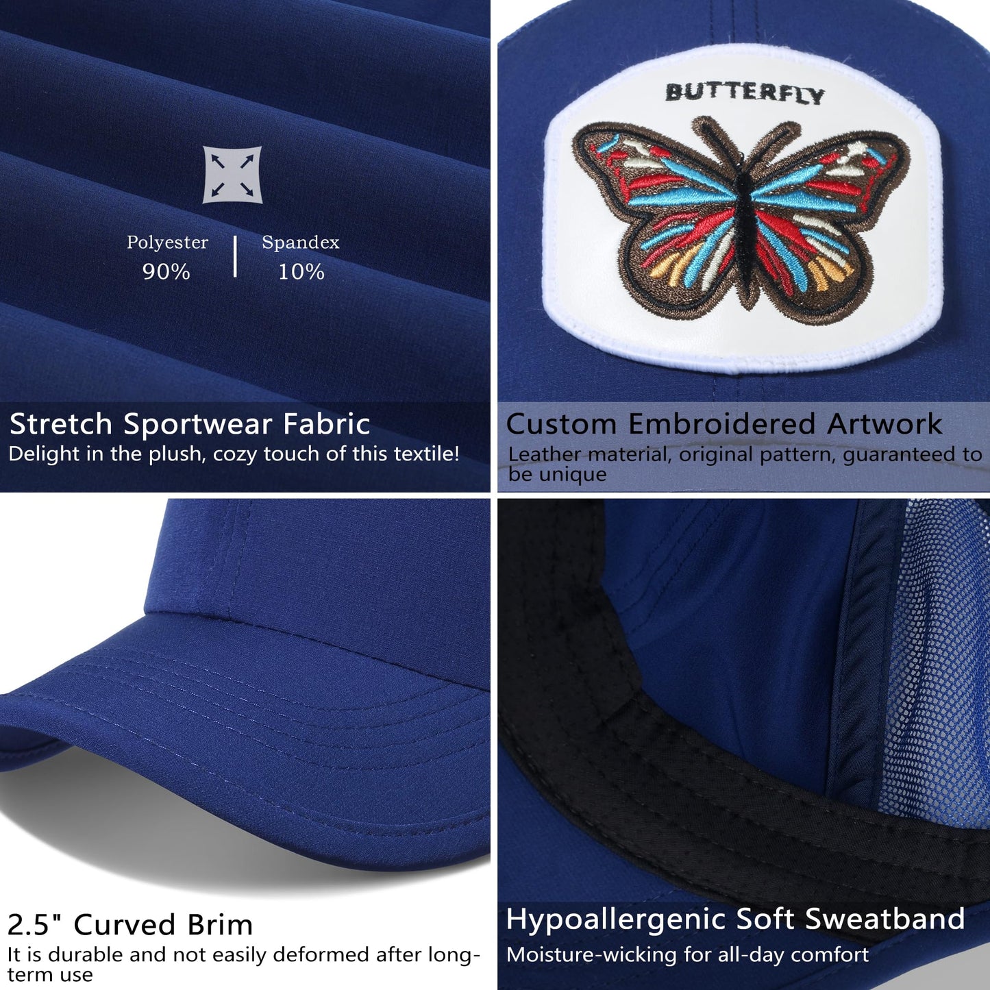 GADIEMKENSD Unstructured Sports Caps Mens Trucker Hat with Breathable Back Mesh Dad Hat Cool Womens Baseball Cap Embroidery Patches Plain Custom Hat for Outdoor Run Gym Working White Blue Butterfly