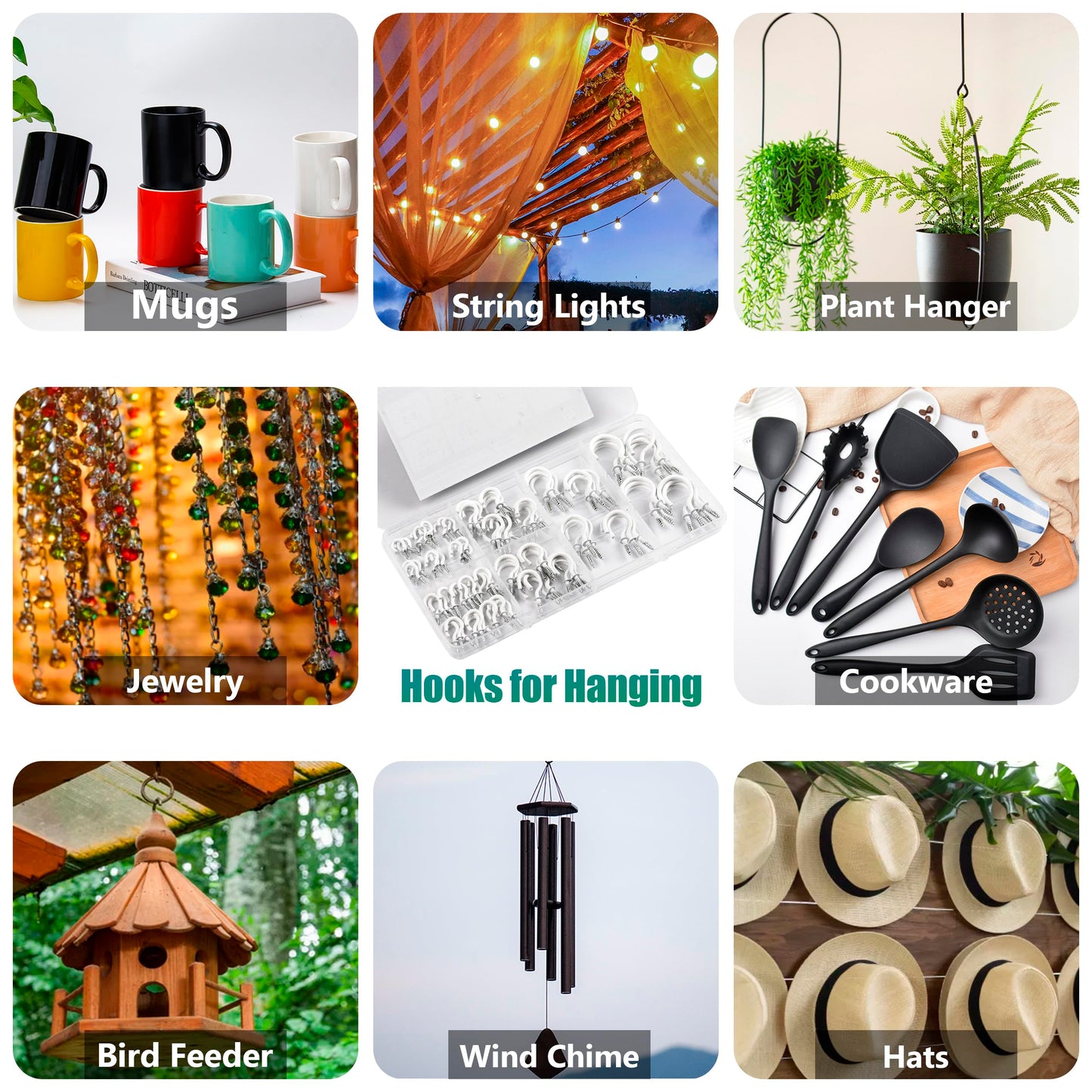 EIENHOSHI 105 Pcs Screw Hooks, 6 Sizes White Cup Hooks, Screw in Hooks for Hanging, Metal Cup Hook Screw in (1/2", 5/8", 3/4", 7/8", 1'', 1-1/4")