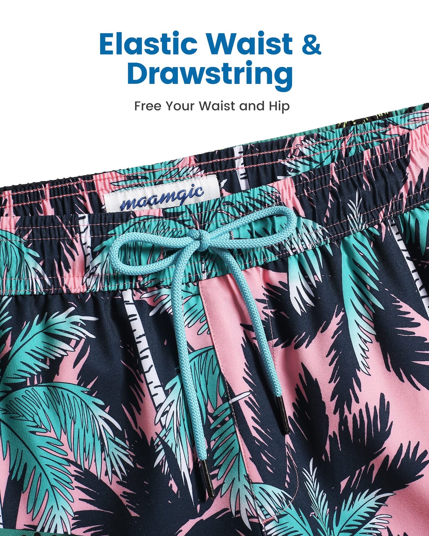 maamgic Mens Swim Trunks with Compression Liner 5 Inch, Quick Dry Bathing Suit with Zipper Pockets, Stretch No-Chafing Swim Shorts, Pink- Black Palm Large
