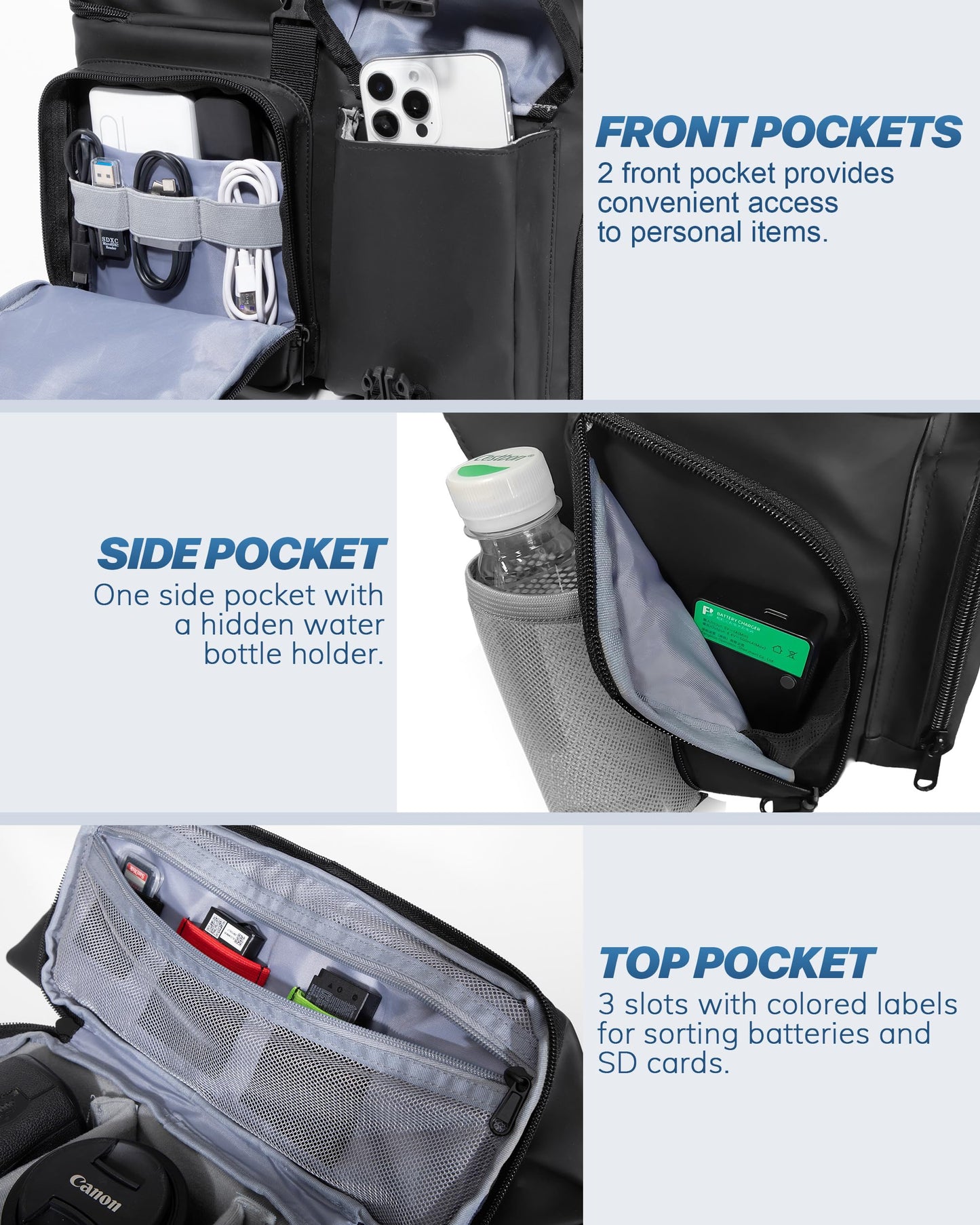 Smasrob Camera Bag with Tripod Holder, Rain Cover and Hidden Water Bottle Holder, Camera Sling Bag with Extra Storage Section, Black