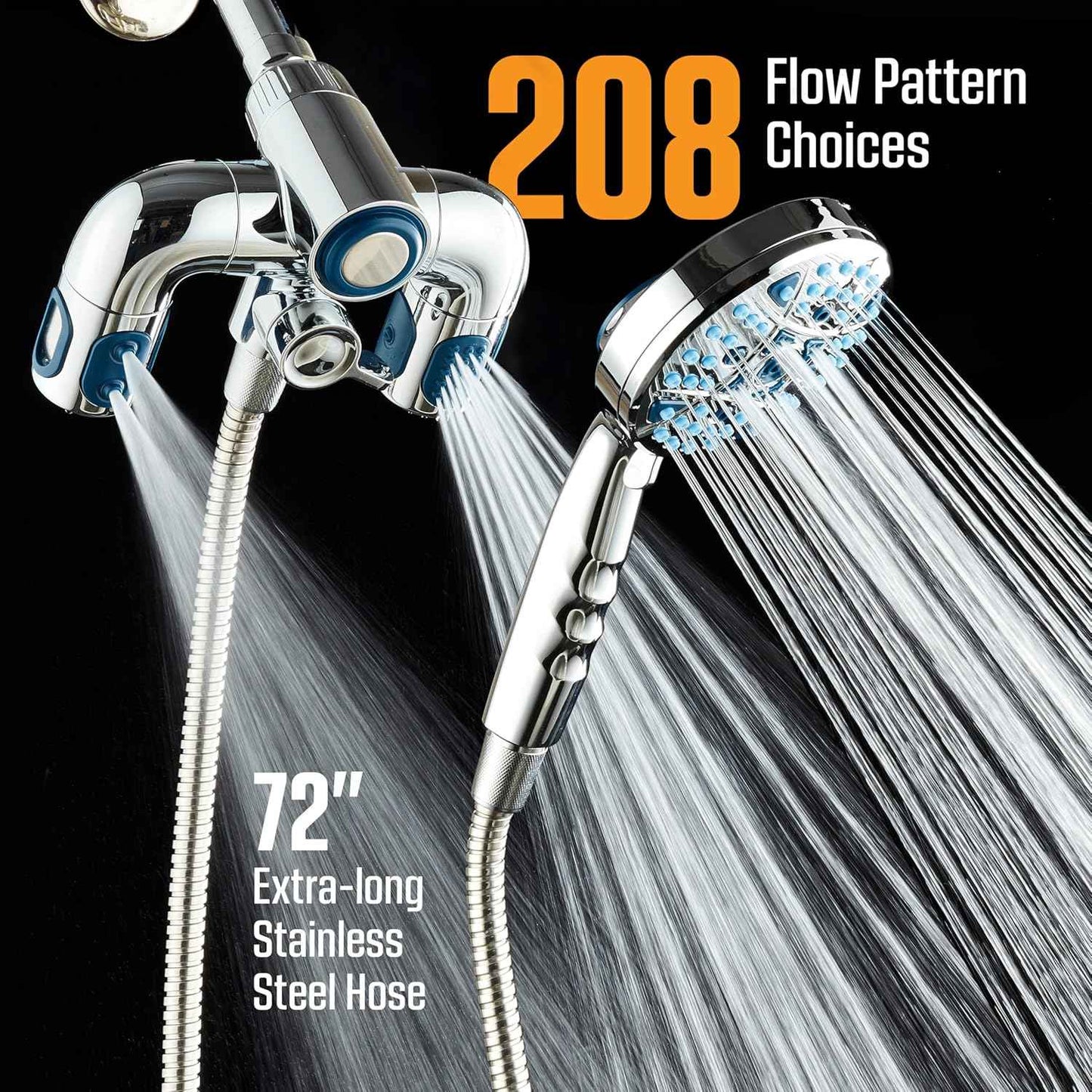Polaris High Pressure Shower Head & Handheld Combo - 208 Settings, Magnetic Dock, Chrome Finish