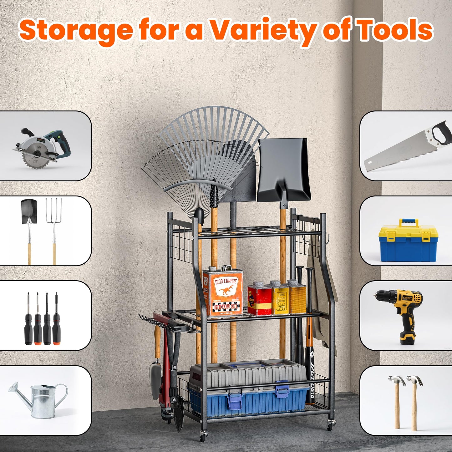 Ultrawall Garden Tool Organizer, Yard Tool Storage Stand for Garage with Lockable Wheels, Shed Tool Storage for Rake, Brooms, Indoor & Outdoor Use