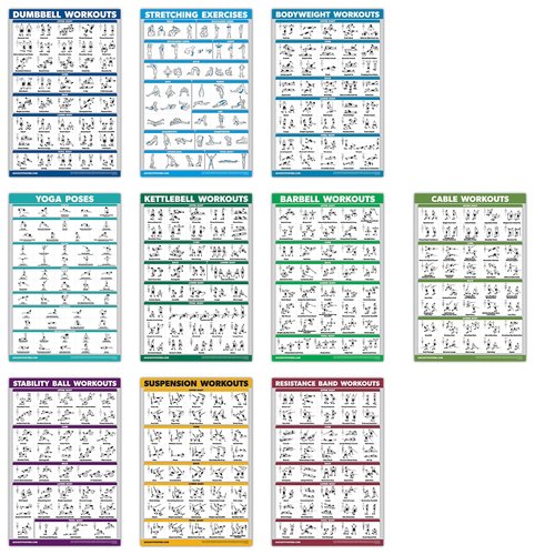 10 Pack - Exercise Workout Poster Set - Cable Machine, Dumbbell, Suspension, Kettlebell, Resistance Bands, Stretching, Bodyweight, Barbell, Yoga Poses, Exercise Ball (LAMINATED, 18" x 24")
