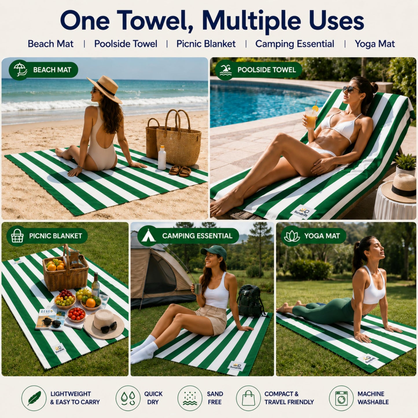 Oversized Microfiber Beach Towel 71x36 Inch, Quick Dry Sand Free Travel Towel, Lightweight Sueded Beach Blanket for Pool, Camping, Yoga & Beach Trips (Green/White)
