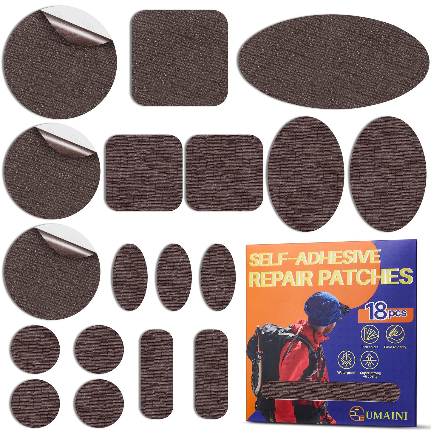 umaini Down Jacket Repair Patch Kit, Outdoor Gear Tenacious Repair Tape, Self Adhesive Fabric Patches for Clothes, Waterproof Ripstop Nylon Fabric Patch for Puffer Jacket, Coat, Tent (18 Pcs, Brown)