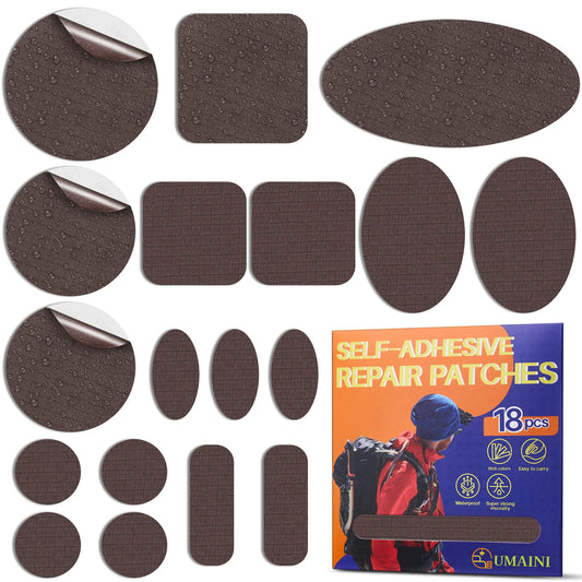 umaini Down Jacket Repair Patch Kit, Outdoor Gear Tenacious Repair Tape, Self Adhesive Fabric Patches for Clothes, Waterproof Ripstop Nylon Fabric Patch for Puffer Jacket, Coat, Tent (18 Pcs, Brown)