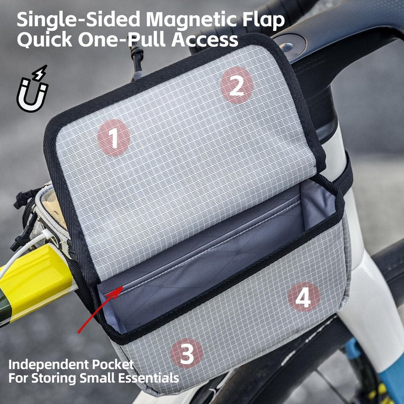 Rhinowalk Bike Top Tube Bag with Touch Screen Phone Pouch - Bicycle Frame Bag with Phone Holder, Double Side Pannier Zipper & Magnetic Closure (Black)
