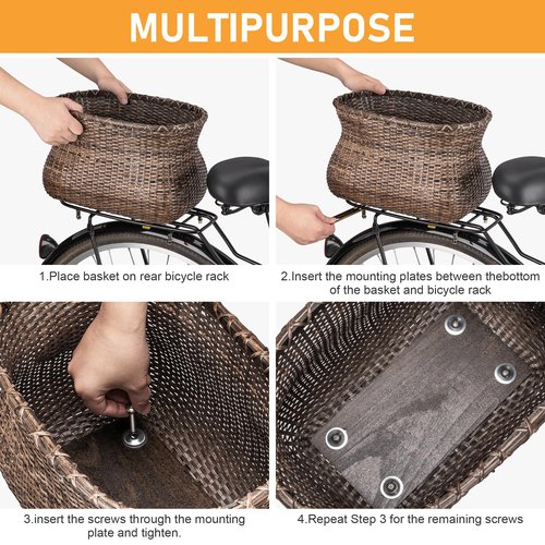Bike Basket Rear, Handmade Rattan Bicycle Baskets with Waterproof Cover, Cruiser Bike Baskets for Women’, Retro Style Bike Baskets for Adult Bikes and Ebike