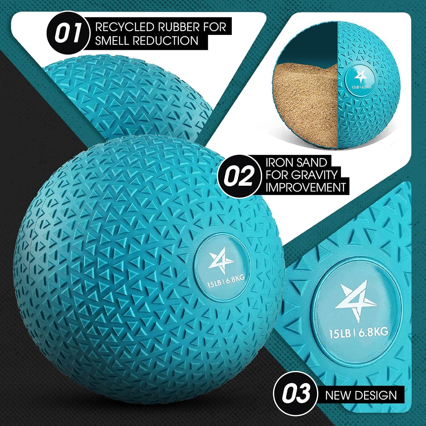 Yes4All Slam Balls - 15lbs Durable PVC Sand-Filled Weighted Ball for Strength Training | Triangle Teal
