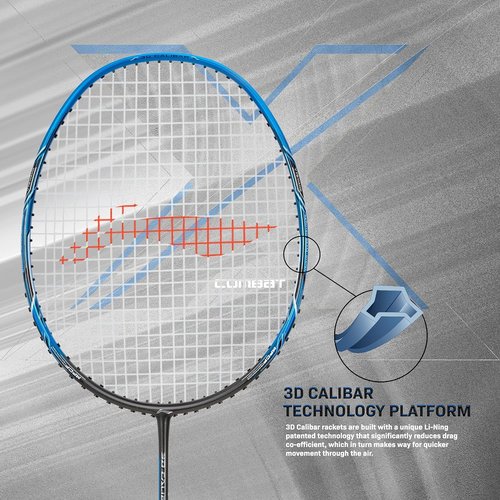 Li-Ning 3D Calibar X Combat Carbon Graphite Badminton Strung Racquet (85 Grams, 30 Lbs String Tension) and Full Cover (Charcoal/Blue)