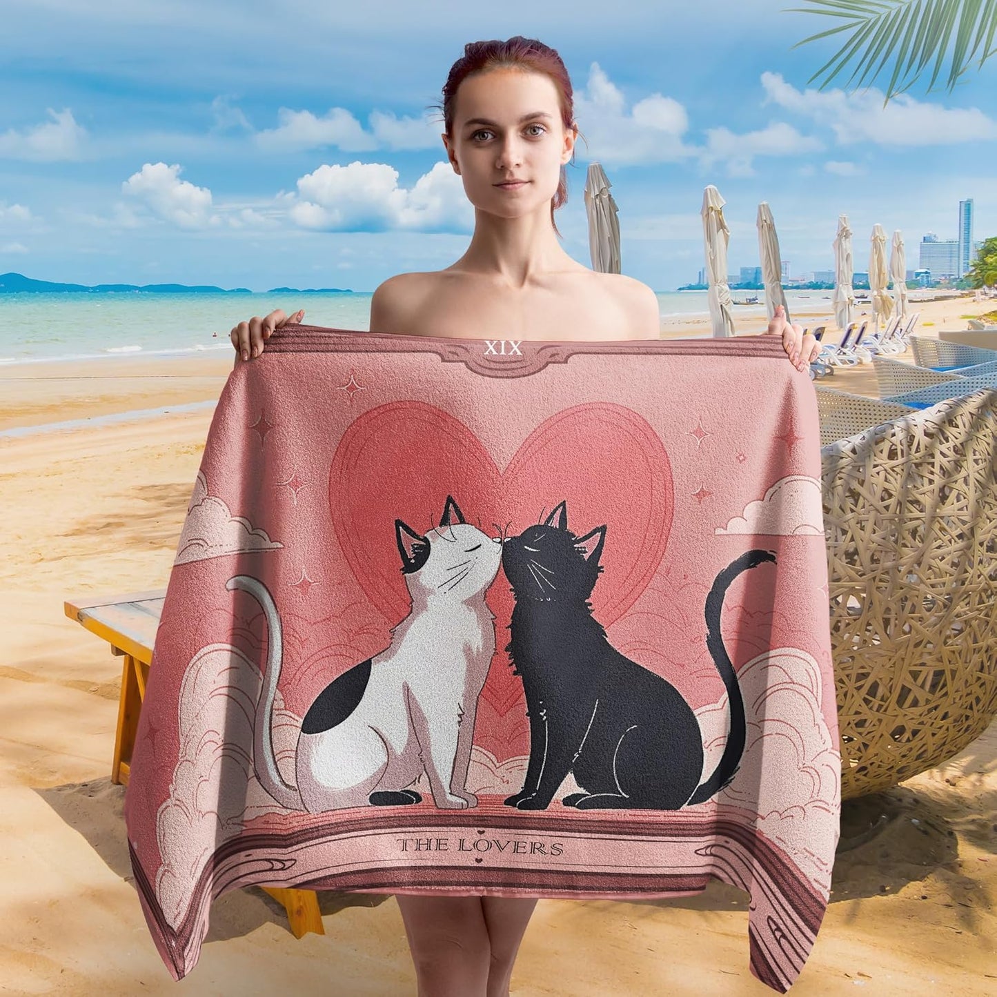 Skiennix Pink Cat Beach Towel - Oversized Quick Dry Towel for Valentine’s Day | 30x60in Travel Gift
