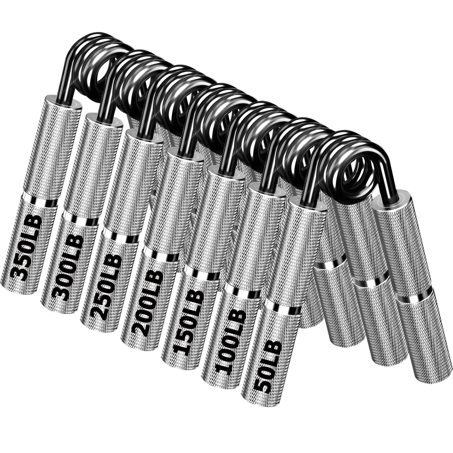 WANSPOORTS Silver Metal Grip Strength Trainer, Hand Grips Strengthener Kit (11Pack), No Slip Hand Extension Exerciser, Wrist Forearm Strengthener with Grip Tape for Strength Training, Exercise, Injury Recovery (7Pack(50+100+150+200+250+300+350LB))