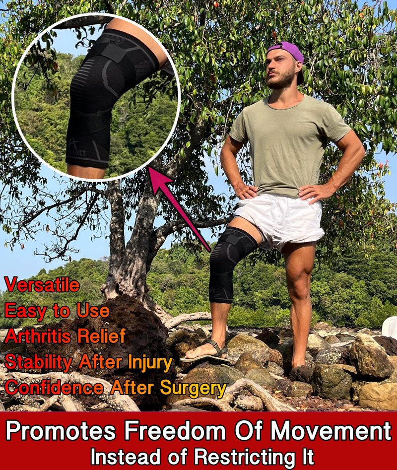 ATHLEDICT Knee Brace Compression Sleeve with Strap for Best Support & Pain Relief for Meniscus Tear, Arthritis, Running, Basketball, MCL, Jogging and Recovery for Men & Women (Black, Large)