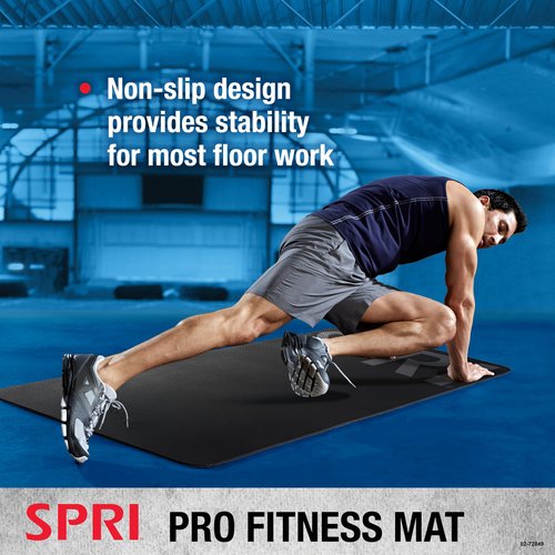 SPRI 12mm Pro Fitness Matt - Thick Exercise Mat for Floor Workouts, Sit-Ups, Push-Ups, Stretching, Toning, and General Fitness - Non-Slip Texture, Cushioned, Portable Rolling Mat with Carrying Strap