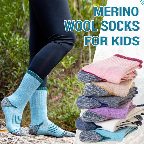 Eocom Kids Merino Wool Hiking Socks Toddlers Boys Girls Thermal Warm Winter Cushion Moisture Wicking Boot Crew Socks 6 Pairs(Assorted Color, 4-7 Years)