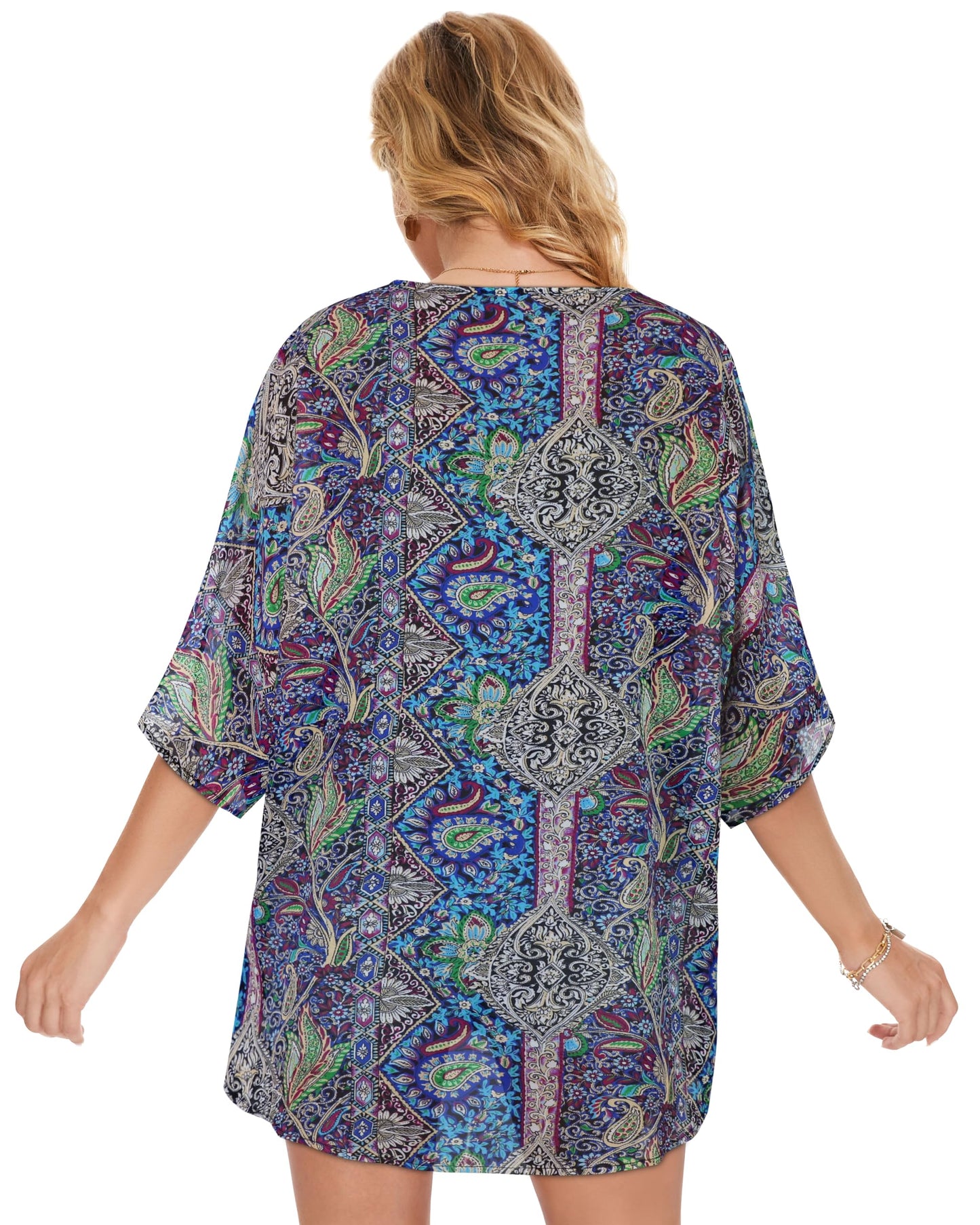 Women's Floral Kimono Print Puff Sleeve Loose Cardigan Cover Up Casual Blouse Tops (Blue Purple Bohemia Print, 2XL)