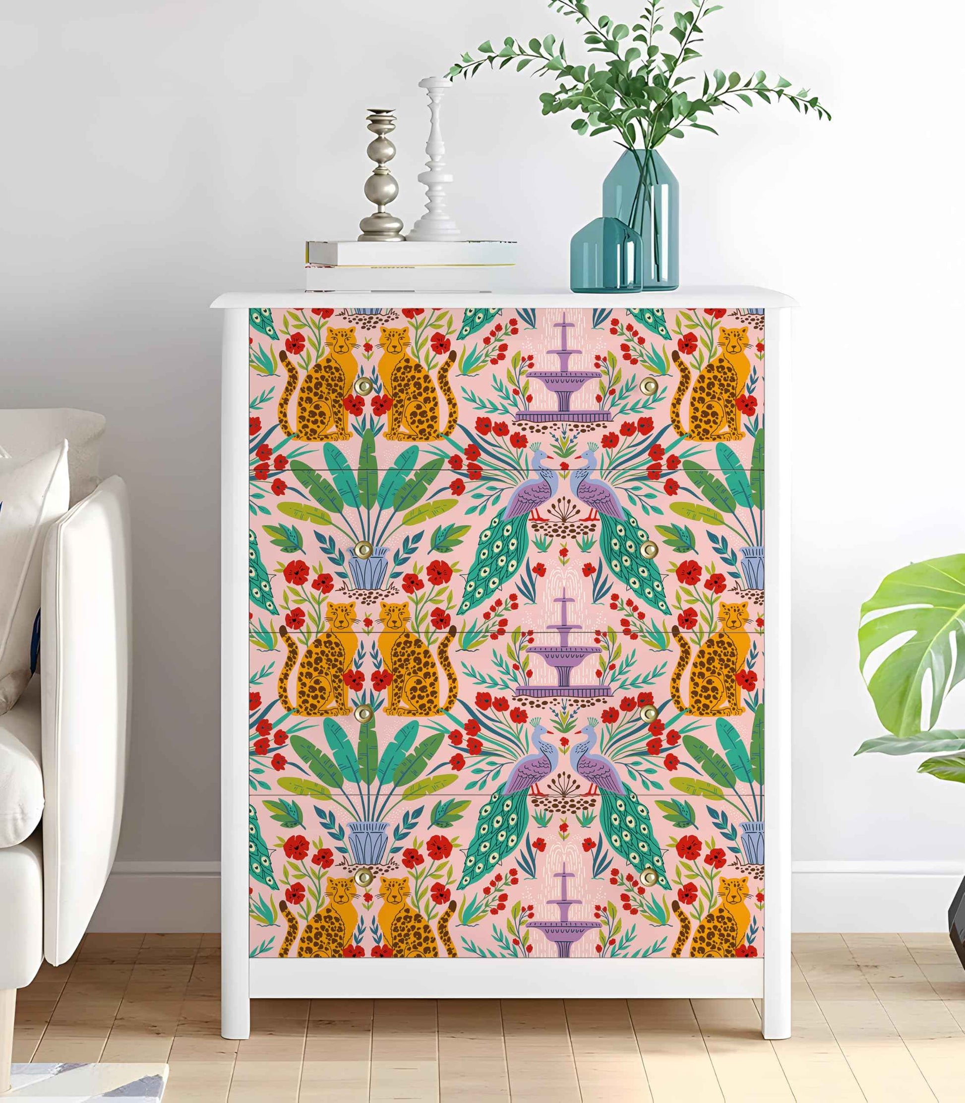 Luvdecor Wallpaper Peel and Stick Leopard Jungle Animal Wallpaper for Renter Removable Boho Leaf Wallpapers for Bathroom Self Adhesive Contact Paper for Cabinets 17.5 x 118 in