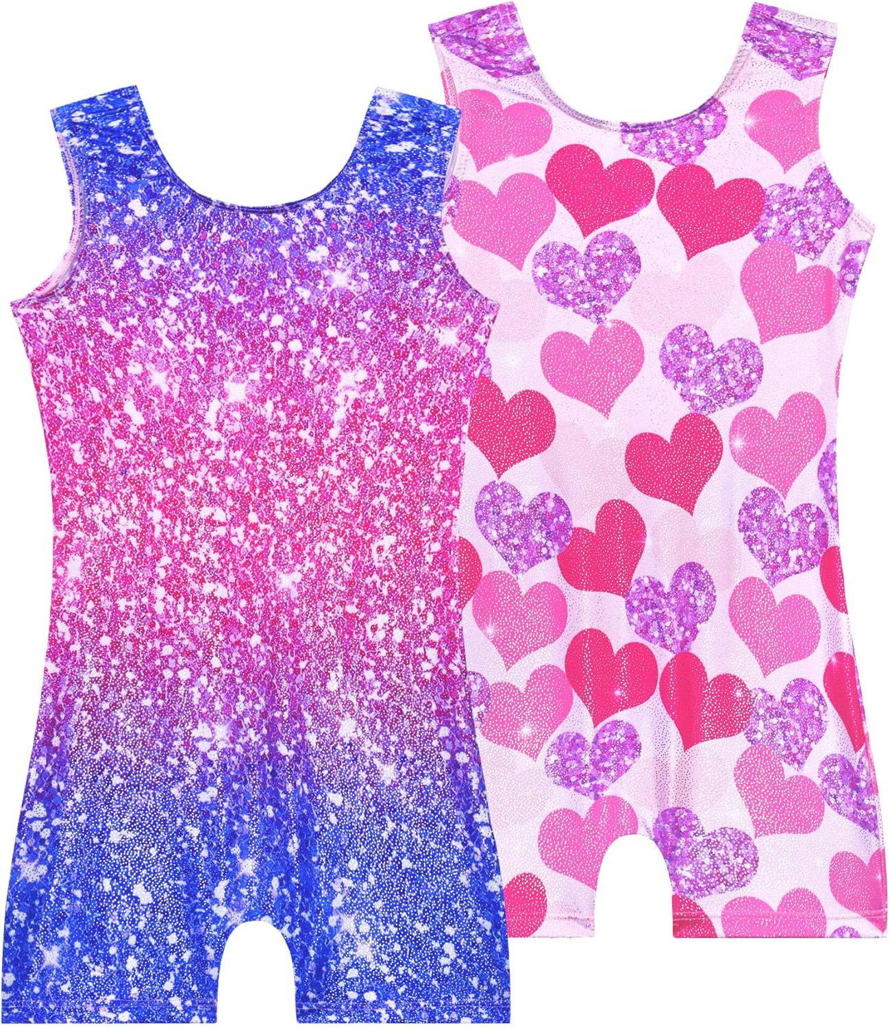 Skiennix Girls' Sparkly Gymnastics Leotards - 2 Pack Sleeveless Tumbling Unitards with Shorts